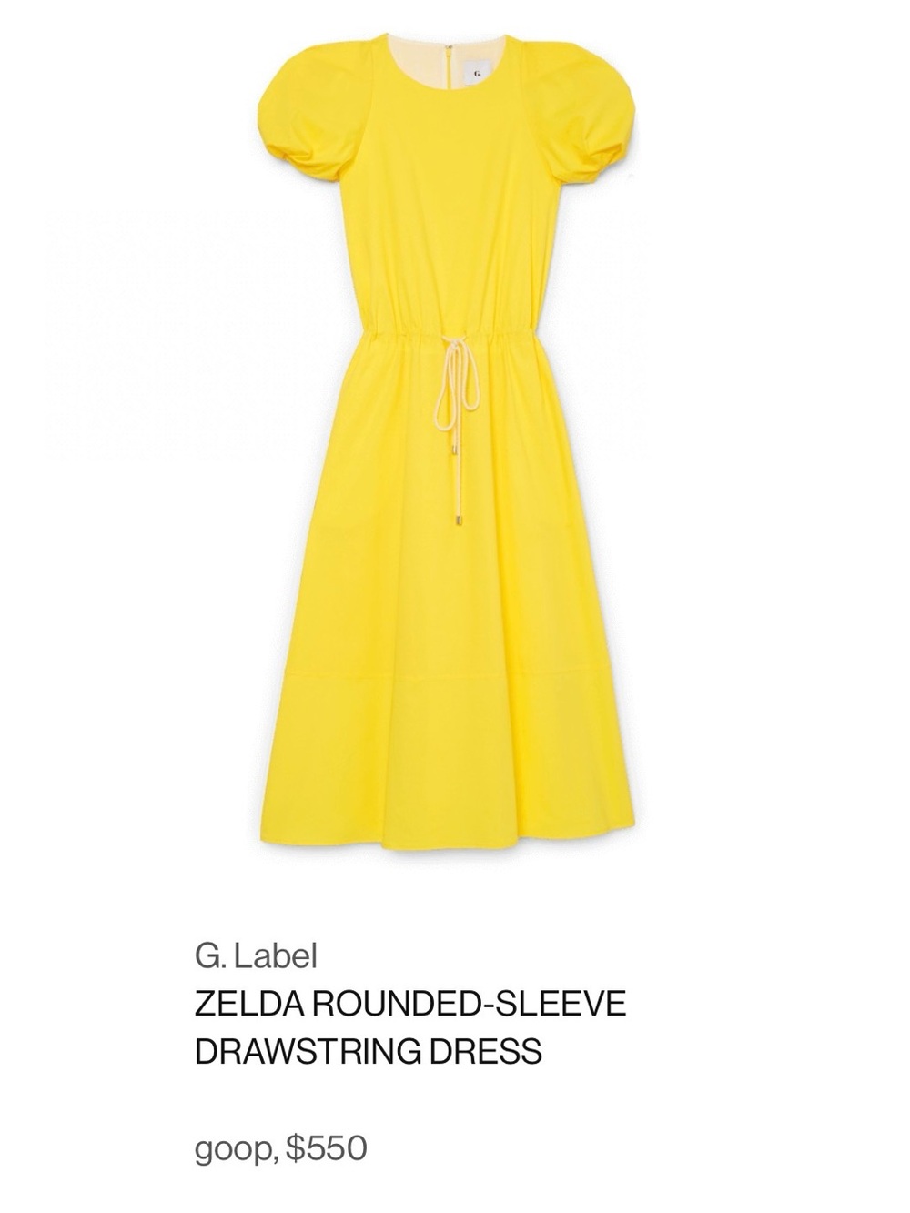 G. Label Zelda Rounded-Sleeve Drawstring Dress in Yellow